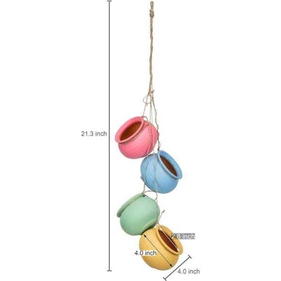 MyGift 4-Pot Bright Pastel Ceramic Hanging Flower Planter Set - Picture 3 of 7